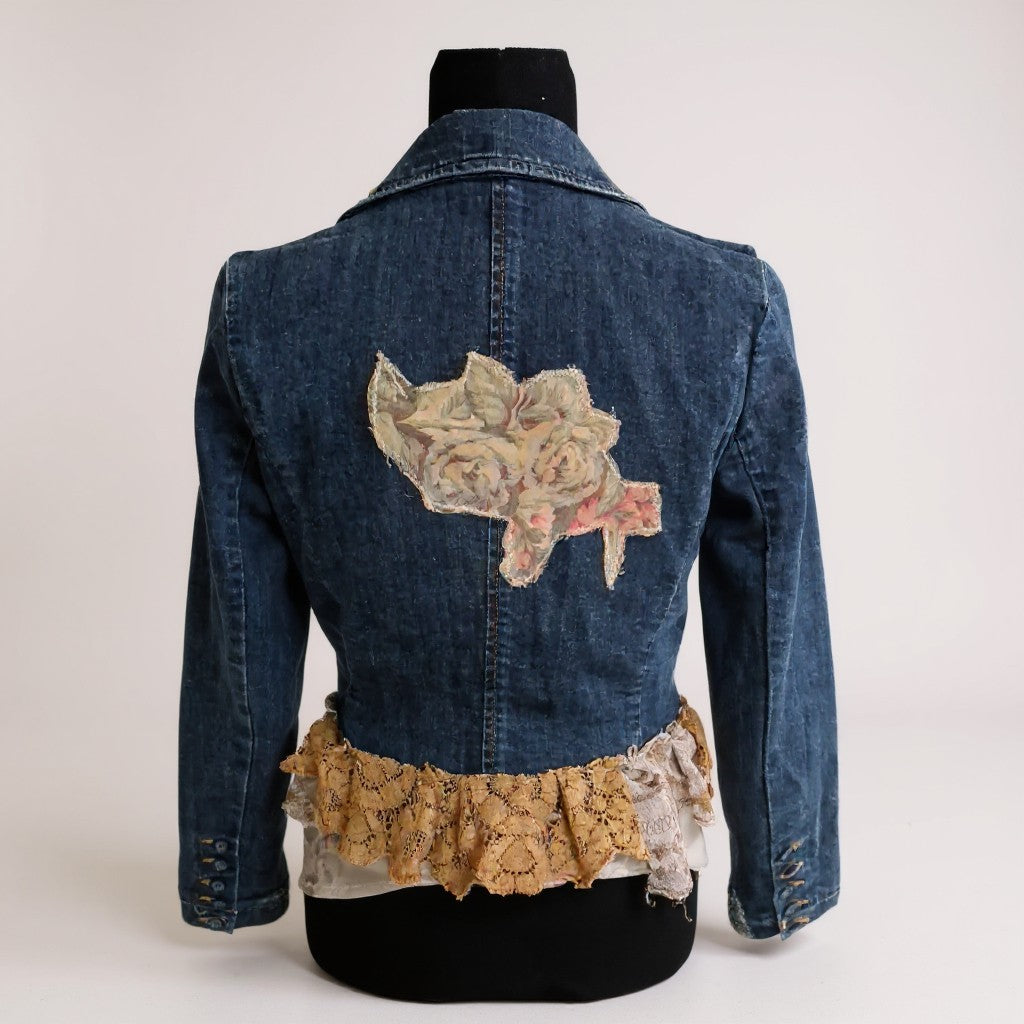 Dark Denim Upcycled Jacket Rose Print