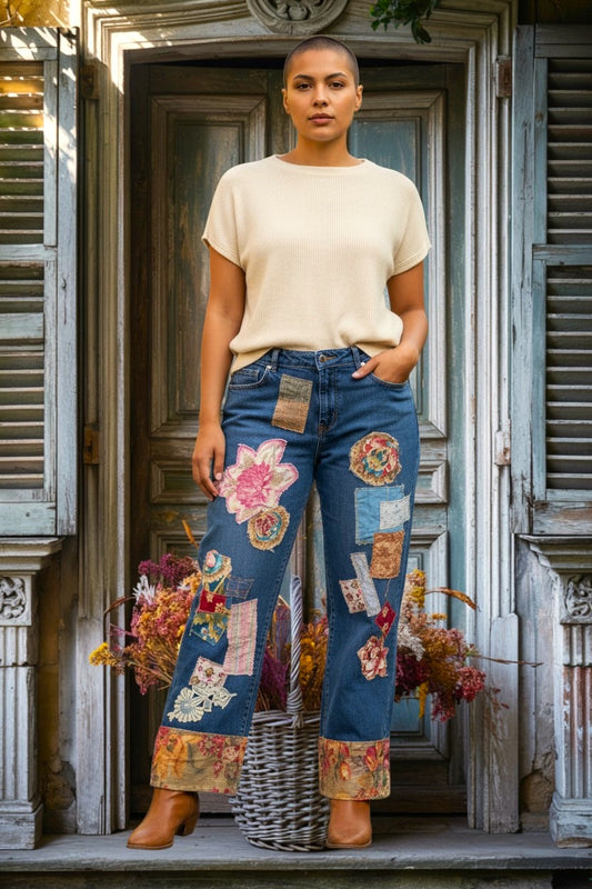 Upcycled Patchwork Jeans Floral Cuff