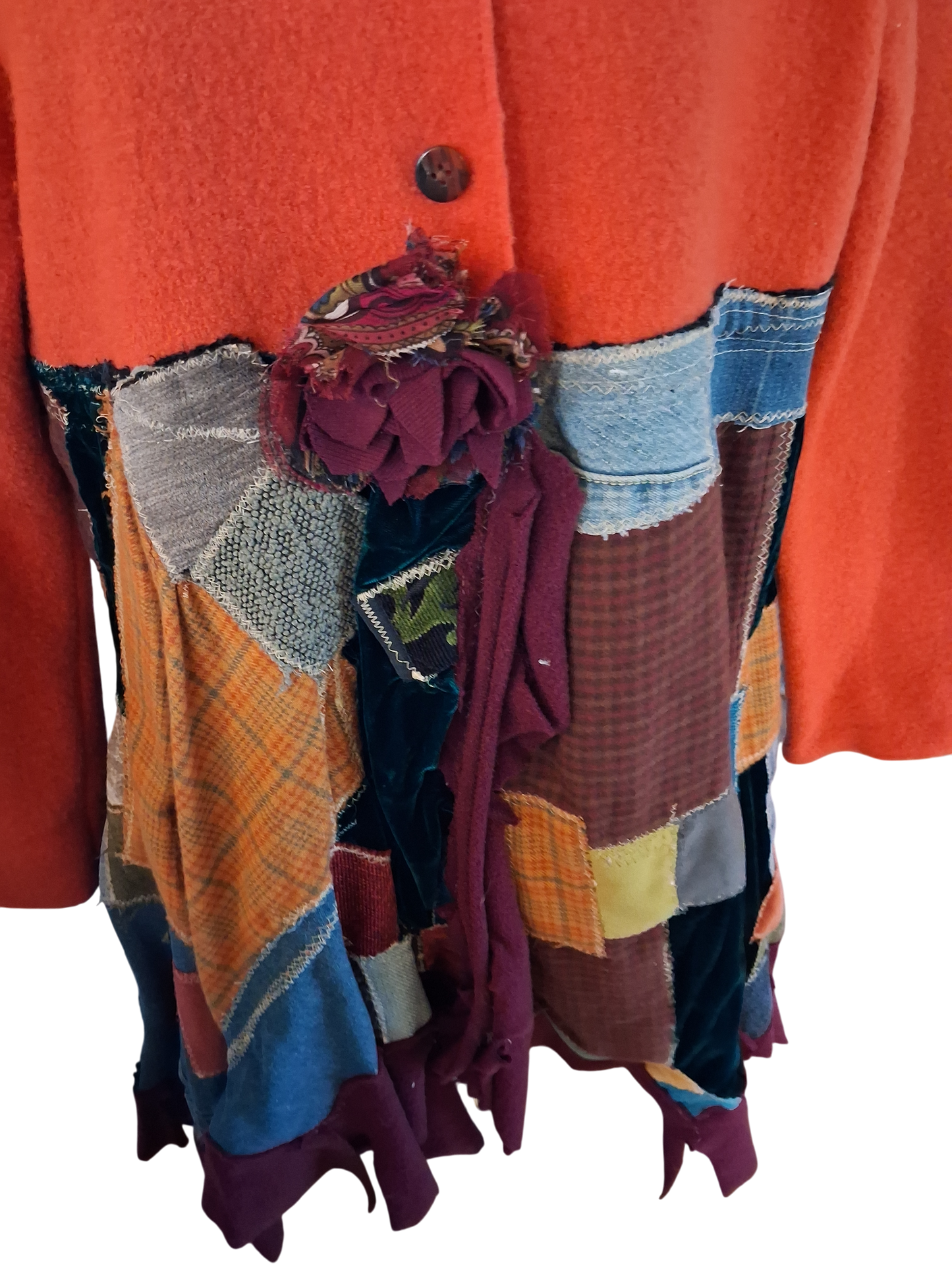 AUTUMN ORANGE BOILED WOOL PATCHWORK COAT 3/4 LENGTH