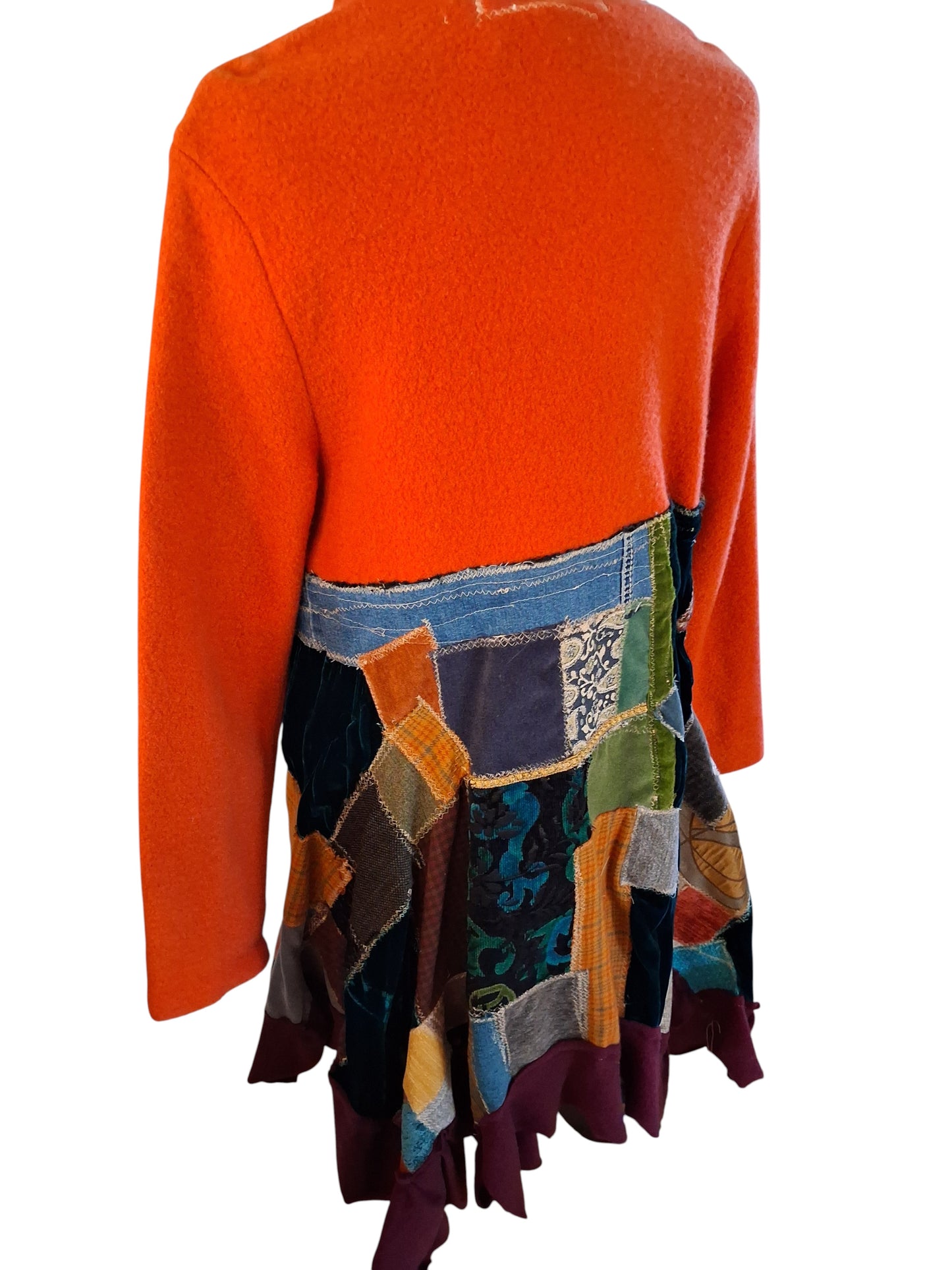 AUTUMN ORANGE BOILED WOOL PATCHWORK COAT 3/4 LENGTH