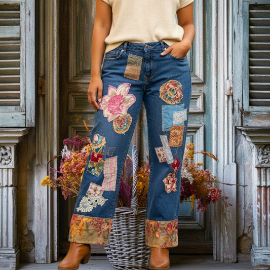 Upcycled Patchwork Jeans Floral Cuff