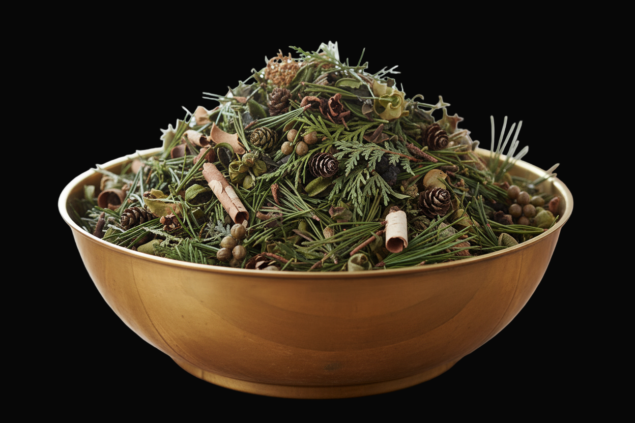 Brass large bowl with evergreen potpourri