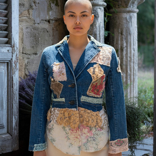 Dark Denim Upcycled Jacket Rose Print