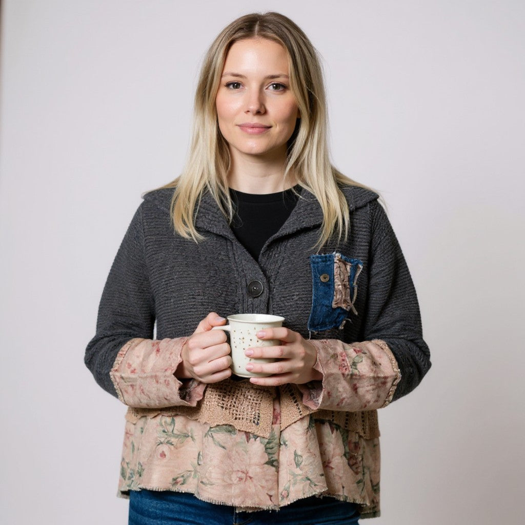 FADED FLORAL GRAY - CARDIGAN SWEATER