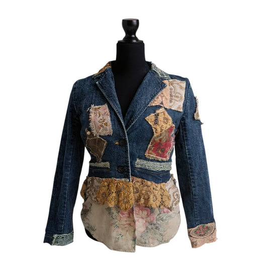 Dark Denim Upcycled Jacket Rose Print