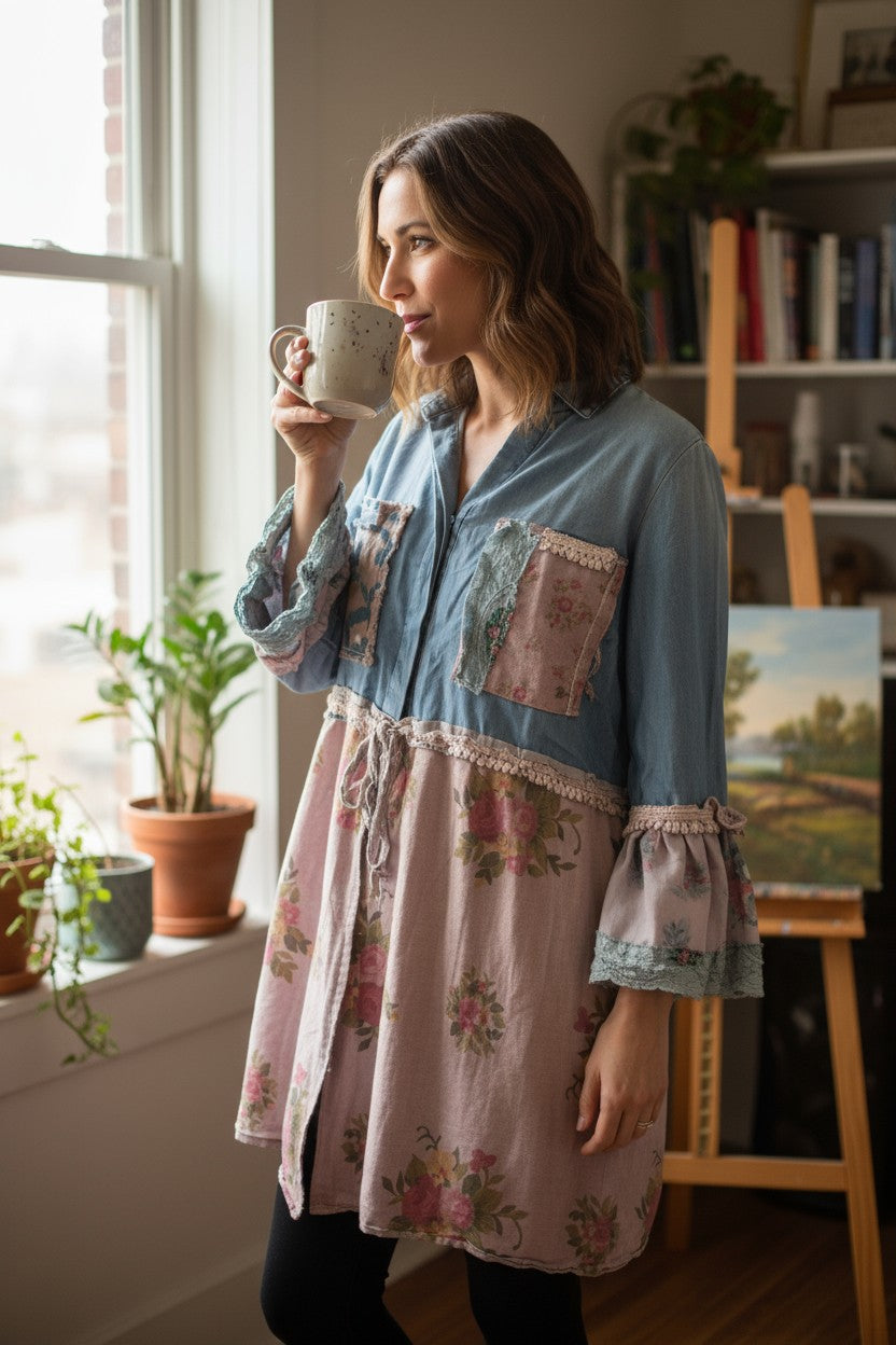 Faded Blues Upcycled Hand Dyed Tunic