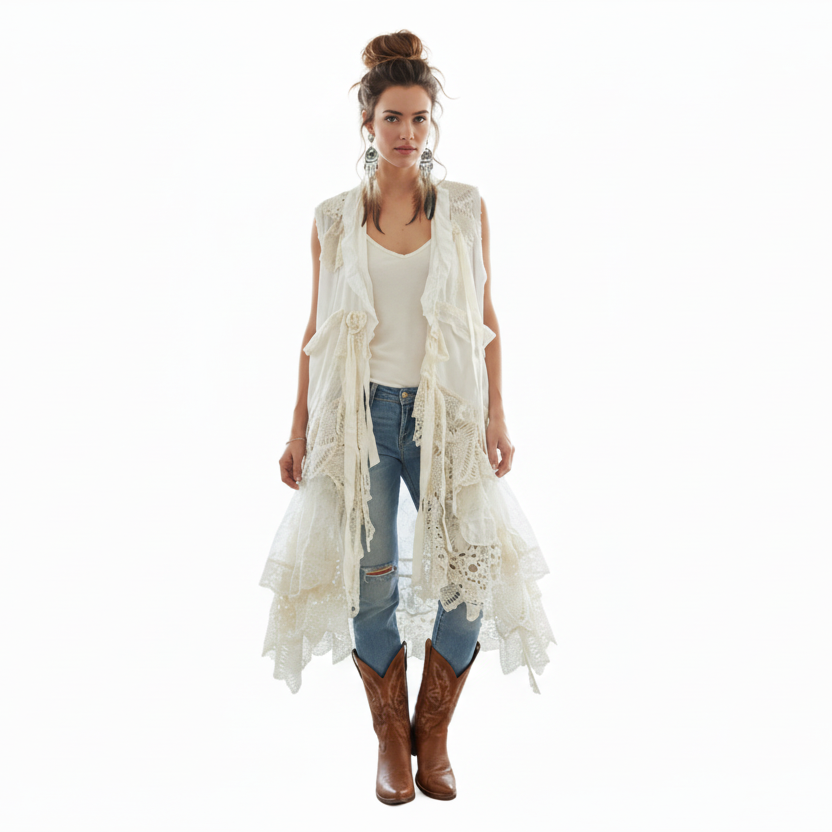 Model in vintage lace vest - boho styling