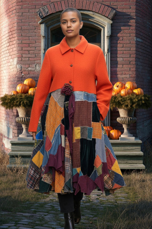 AUTUMN ORANGE BOILED WOOL PATCHWORK COAT 3/4 LENGTH