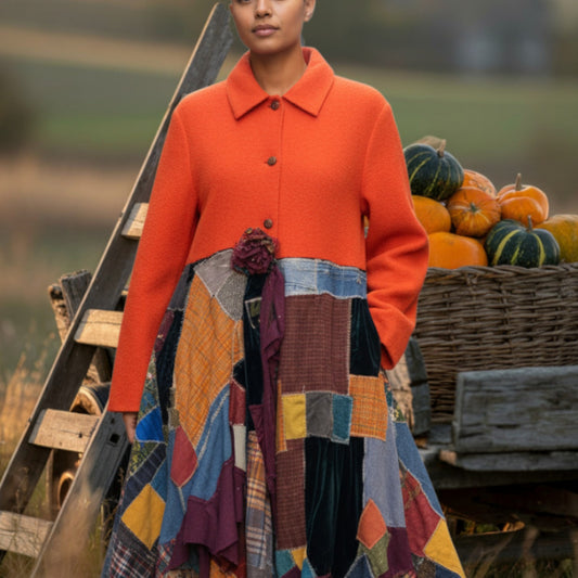 AUTUMN ORANGE BOILED WOOL PATCHWORK COAT 3/4 LENGTH