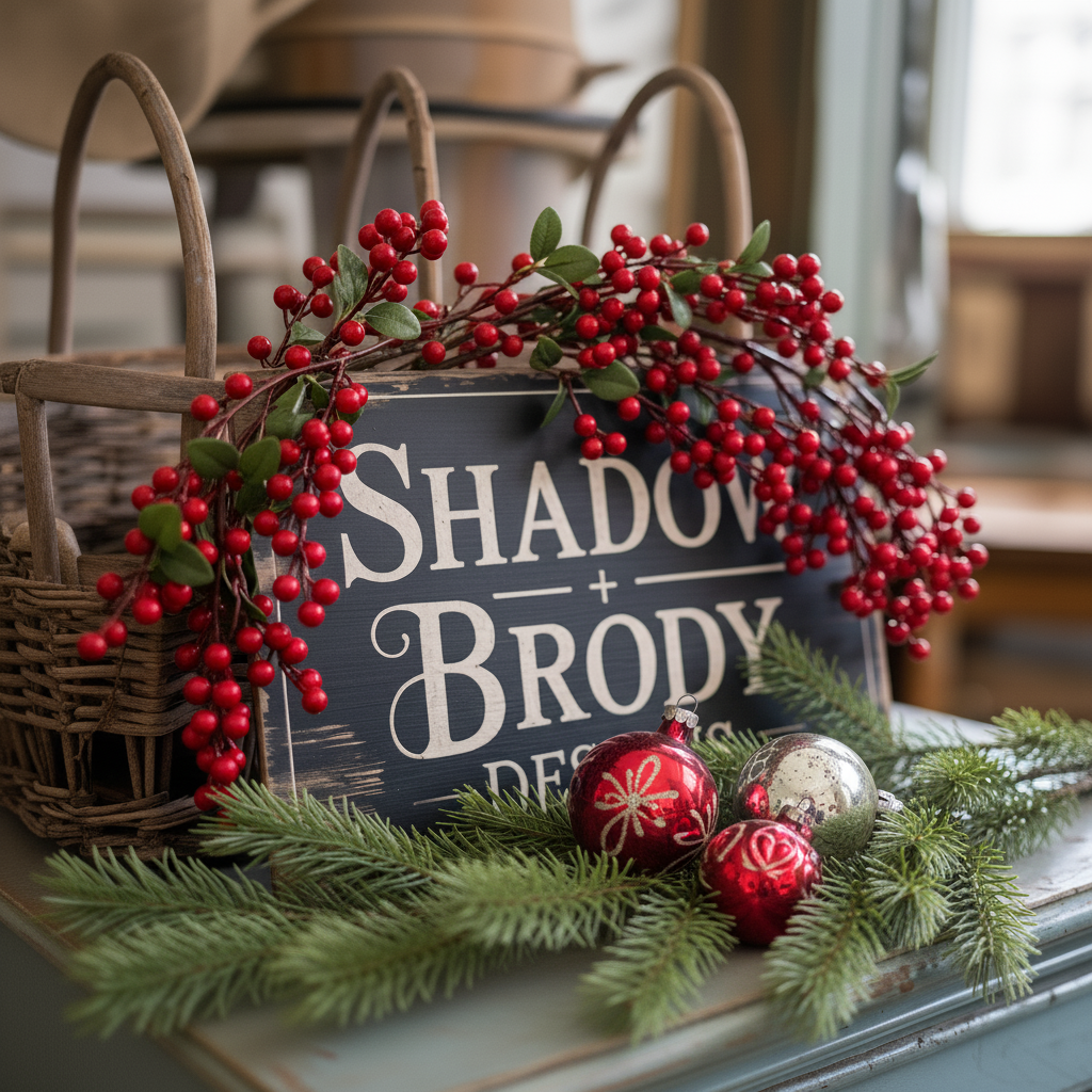 Shadow + Brody Designs sign with white pine and vintage ornaments