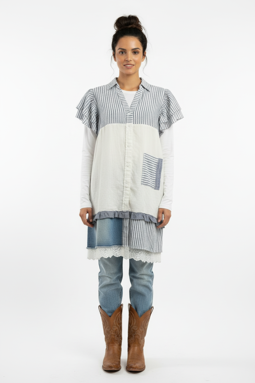 Striped linen top styled with long-sleeve tee and jeans