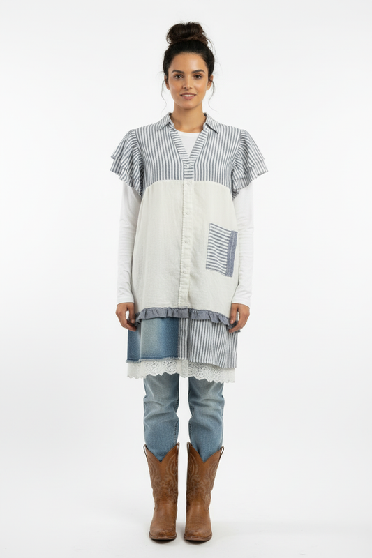 Striped linen top styled with long-sleeve tee and jeans